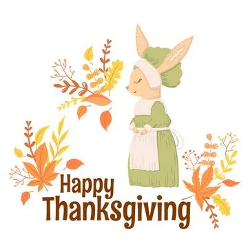 Vector illustration with cute rabbit character, lettering and autumn leaves.. Stock Illustration
