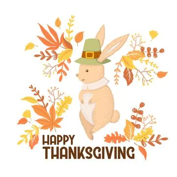 Vector illustration with cute rabbit character, lettering and autumn leaves.. Stock Illustration