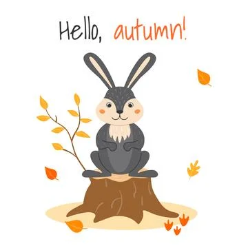 Vector illustration with a cute rabbit on a stump and autumn leaves in cart.. Illustrazione stock