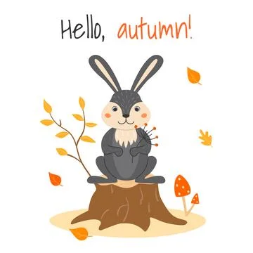 Vector illustration with a cute rabbit on a stump and autumn leaves in cart.. Stock Illustration