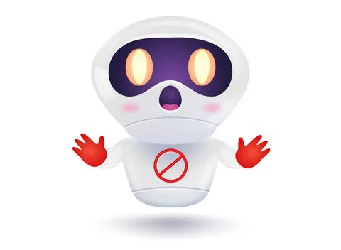 Vector illustration of a cute robot and stop sign. Vector icon of chat bot .. Stock Illustration