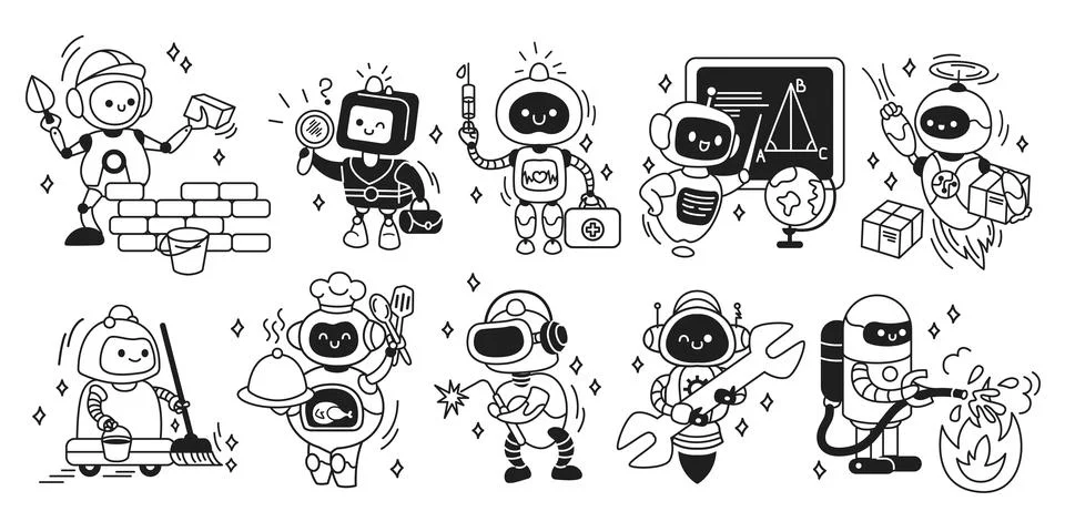 Vector illustration of cute robots in various professions Stock Illustration