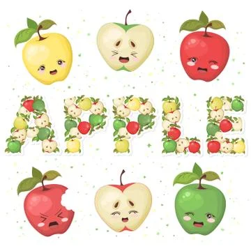 Vector illustration of cute smiling apple cartoon characters and lettering made  Stock Illustration