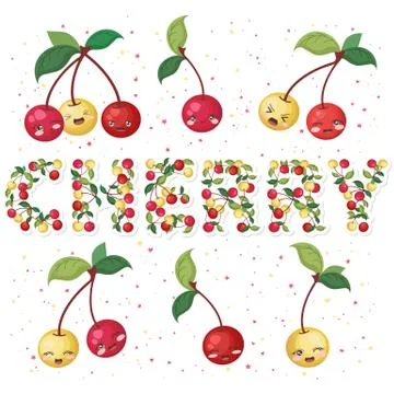 Vector illustration of cute smiling cherry cartoon characters and lettering made Stock Illustration