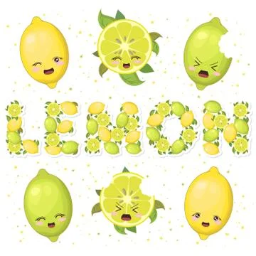 Vector illustration of cute smiling lemon cartoon characters and lettering ma Stock Illustration