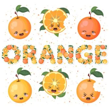 Vector illustration of cute smiling orange cartoon characters and lettering made Stock Illustration