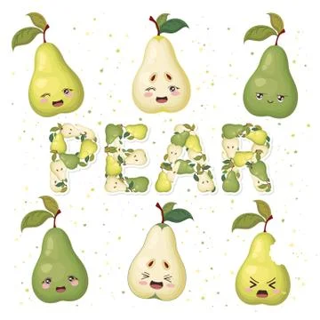 Vector illustration of cute smiling pear cartoon characters and lettering made f Stock Illustration