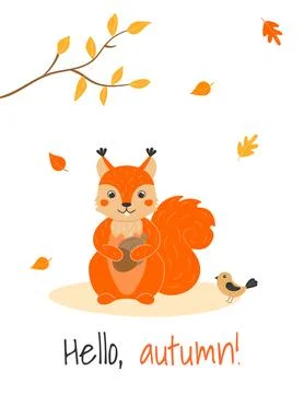 Vector illustration with cute squirrel, bird and leaf fall in cartoon style.. Stock Illustration