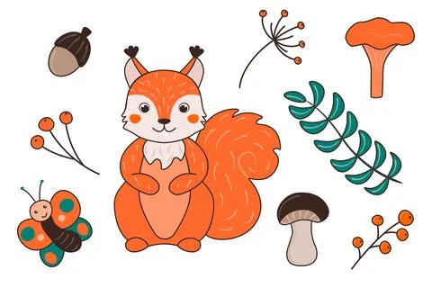 Vector illustration with cute squirrel, butterfly, twigs, autumn leaves and.. Illustrazione stock