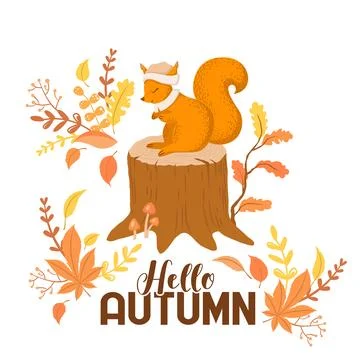 Vector illustration with cute squirrel character, lettering and autumn leav.. Stock Illustration