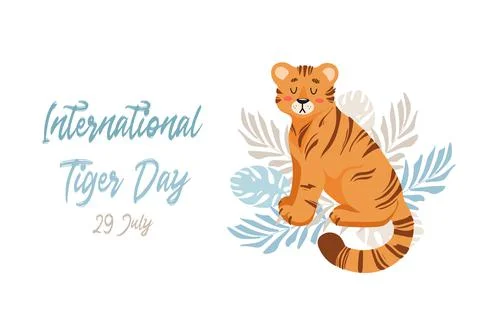 Vector illustration of a cute tiger among tropical leaves of palm and monster Stock Illustration
