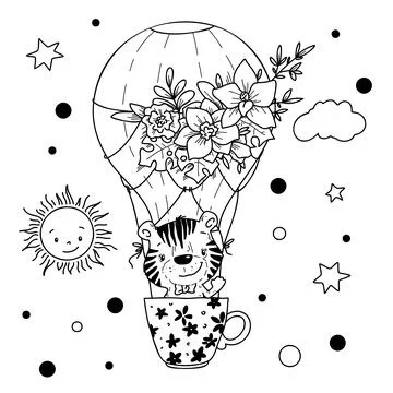 Vector illustration of a cute tiger in a hot air balloon in doodle handdraw s Illustrazione stock