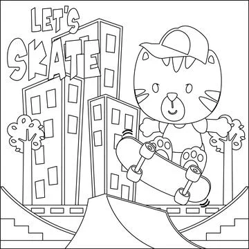 Vector illustration of cute tiger on skate board. Stock Illustration