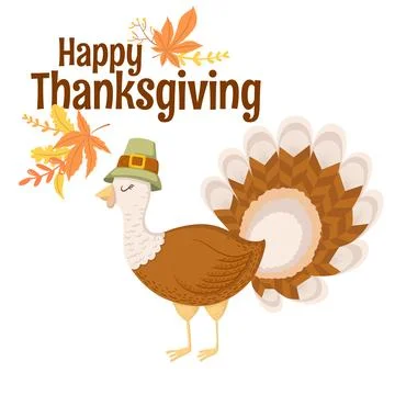 Vector illustration with cute turkey character, lettering and autumn leaves.. Stock Illustration