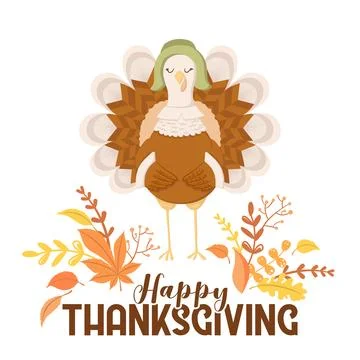 Vector illustration with cute turkey character, autumn leaves and lettering.. Stock Illustration