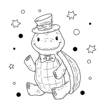 Vector illustration of a cute turtle in a hat in doodle style hand draw Stock Illustration