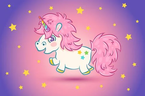Vector illustration of a cute unicorn with abstract background in kawaii st.. Stock Illustration