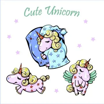 Vector illustration of cute unicorns sleeping shy running in a dream Stock Illustration