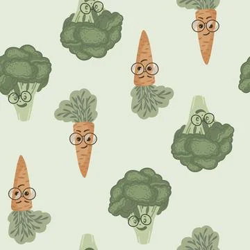 Vector illustration with cute vegetables. Carrot and broccoli seamless pattern. Stock Illustration