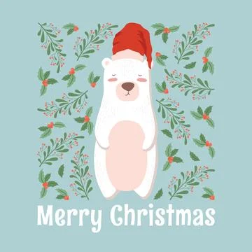 Vector illustration of cute white bear in Santa hat, lettering Merry Christ.. Stock Illustration