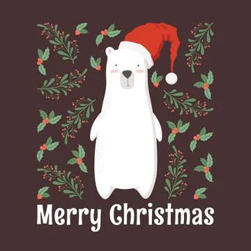 Vector illustration of cute white bear in Santa hat, lettering Merry Christ.. Stock Illustration