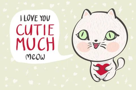 Vector illustration of a cute white cat with a heart is saying I love you c.. Stock Illustration
