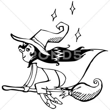 Vector illustration. cute witch. black outline sketch Stock Illustration