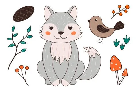 Vector illustration with cute wolf, bird, mushrooms, cone, twig in cartoon .. Stock Illustration