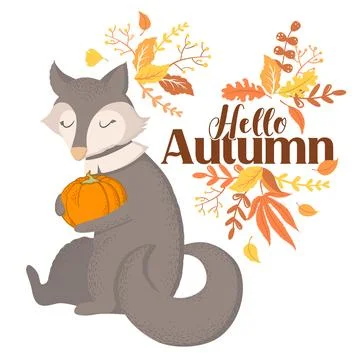 Vector illustration with cute wolf character, lettering and autumn leaves i.. Stock Illustration