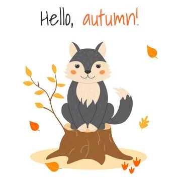 Vector illustration with a cute wolf on a stump and autumn leaves in cartoo.. Stock Illustration