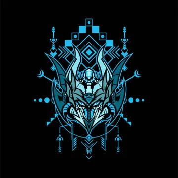 Vector illustration of cyborg robot knight against a background of sacred geo Stock Illustration