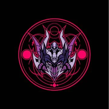 Vector illustration of cyborg robot knight against a background of sacred geo Stock Illustration