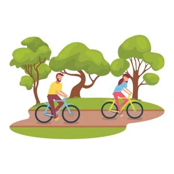 Vector illustration of cyclists in the park. Man cyclist Cyclists walk in the Stock Illustration