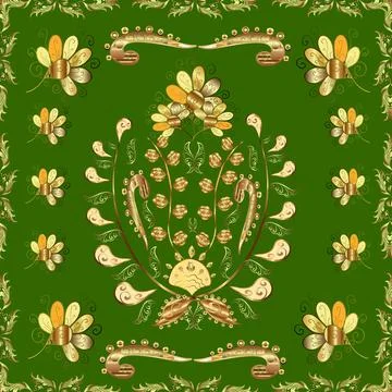 Vector illustration. Damask gold abstract flower seamless pattern on yellow, gre Stock Illustration
