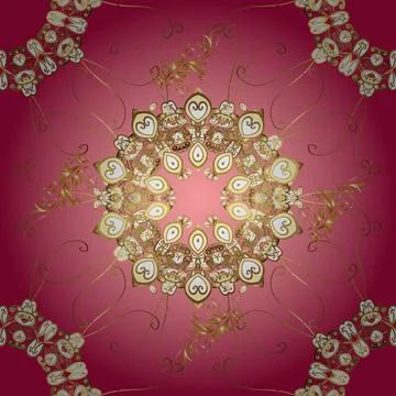 Vector illustration. Damask gold abstract flower seamless pattern on red, magent Stockillustratie