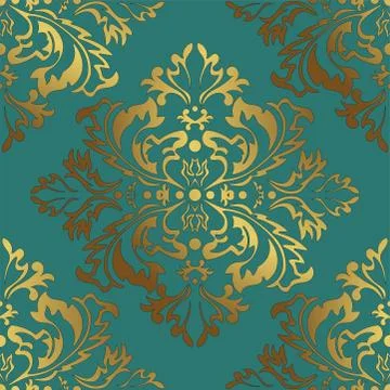 Vector illustration. Damask seamless flowers pattern. Gold and green backgrou Stock Illustration