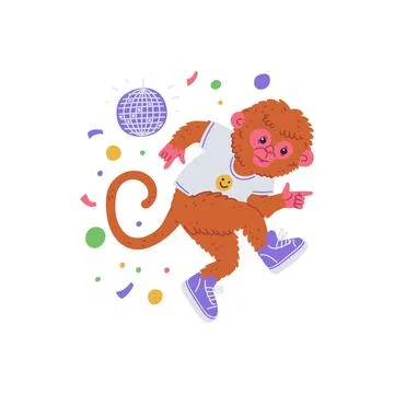 Vector illustration a dancing monkey in bright clothes, sneakers, with confetti Stock Illustration