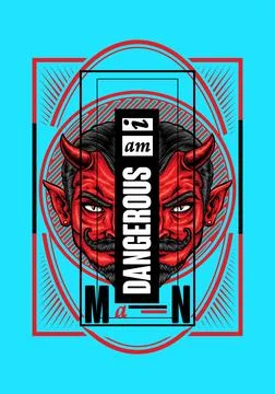 Vector Illustration of a Dangerous Man Face with Horns and Moustache 스톡 일러스트