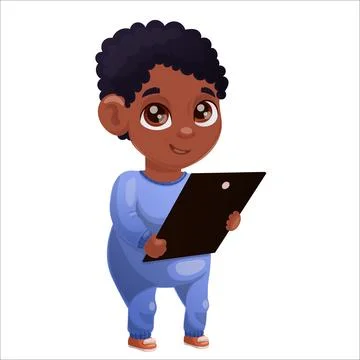 Vector illustration of dark skinned child of Beta generation with tablet, laptop Stock Illustration