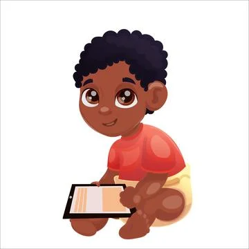 Vector illustration of dark skinned child of Beta generation with tablet, laptop Stock Illustration
