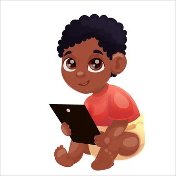 Vector illustration of dark skinned child of Beta generation with tablet, laptop Stock Illustration