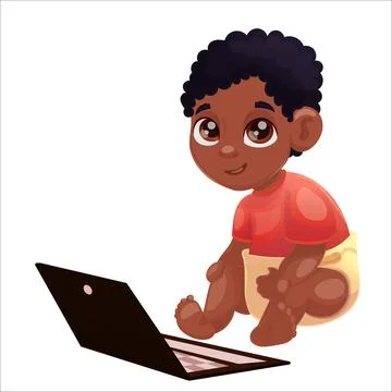 Vector illustration of dark skinned child of Beta generation with tablet, laptop Stock Illustration