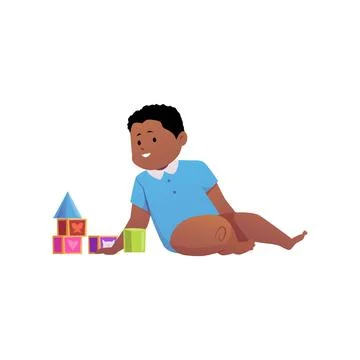 Vector illustration of a dark-skinned little boy sitting near colorful blocks. Stock Illustration