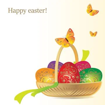 Vector illustration. Decorative painted eggs and herbs in a wicker low bask.. Stock Illustration