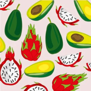 Vector illustration of the decorative pattern from pitaya and avocado Stock Illustration