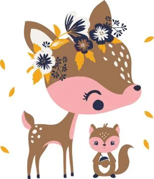 Vector illustration of deer and squirrel cartoon Stock Illustration