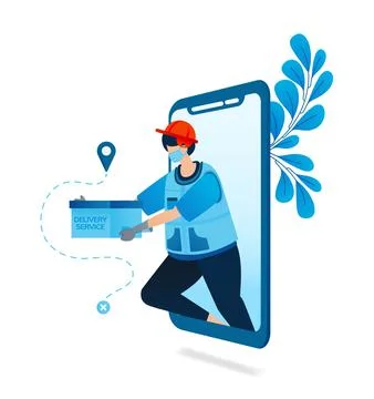 Vector illustration of delivery service application with health protocol. Foo Stock Illustration