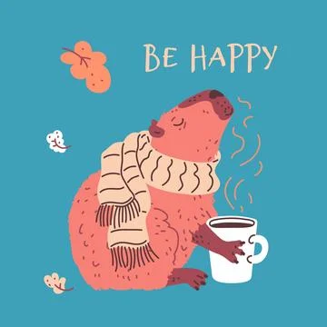 Vector illustration depicting a cute capybara in a scarf with hot tea in a cup Stock Illustration
