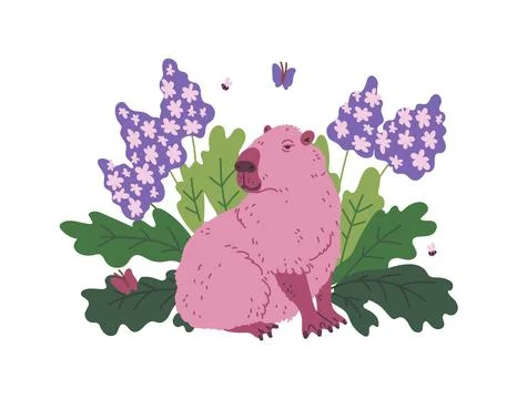 Vector illustration depicting a cute capybara sitting among flowers and Stock Illustration
