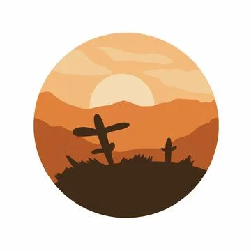 Vector Illustration of Desert Sunset Scene with Cactus Silhouette in Circle Stockillustratie